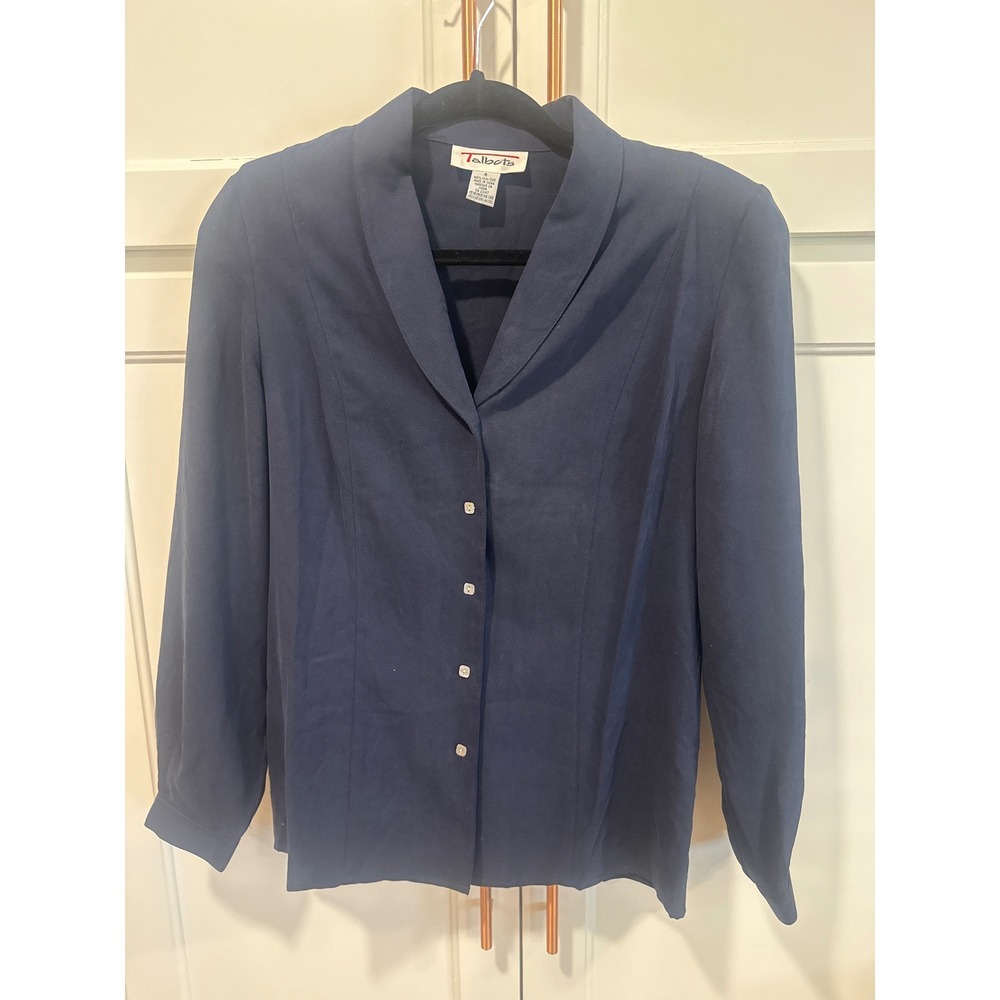VTG Talbots Navy Blue 100% Silk Button Down Blouse Womens 4 shoulder pad granny
